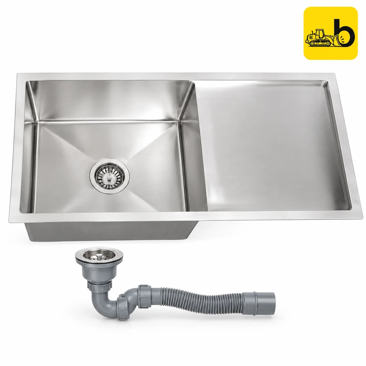 Johnson Bathware Sonte SS304 Handmade Kitchen Sink with Drain Board and Round Waste Coupling - K060206HMS - Satin