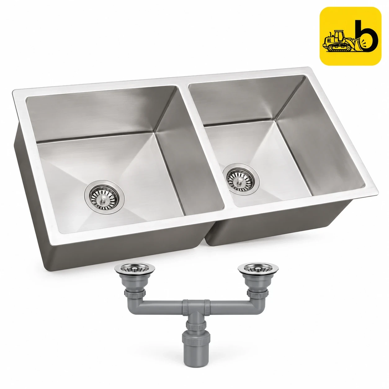 Johnson Bathware Sonte SS304 Handmade Double Bowl Kitchen Sink with Round Waste Coupling - K060207HMS - Satin