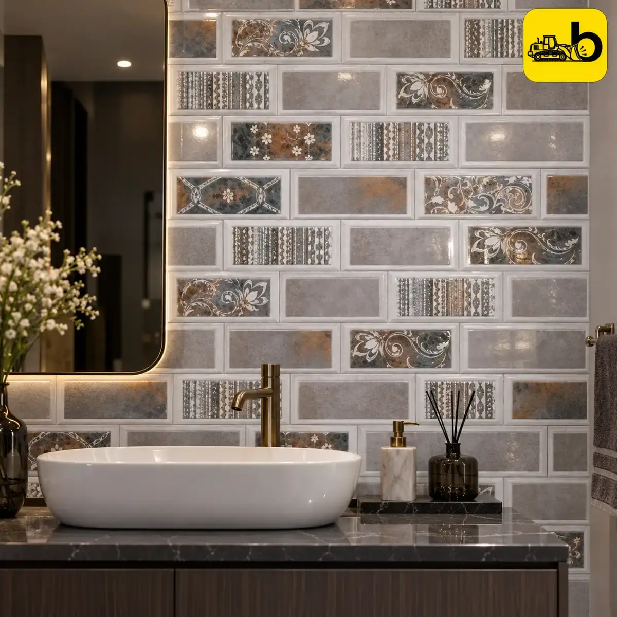 NITCO NULVI GREY DECOR Glossy Ceramic Wall Tile 300 × 450 mm